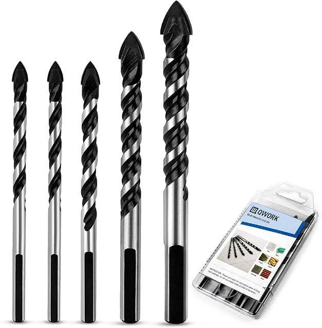 QWORK 5 Pcs Multi-Material Drill Bits Set 6mm,8mm,10mm, 12mm,for Tile,Concrete, Brick, Glass, Plastic and Wood Tungsten Carbide Tip Best for Wall Mirror and Ceramic Tile on Concrete and Brick Wall
