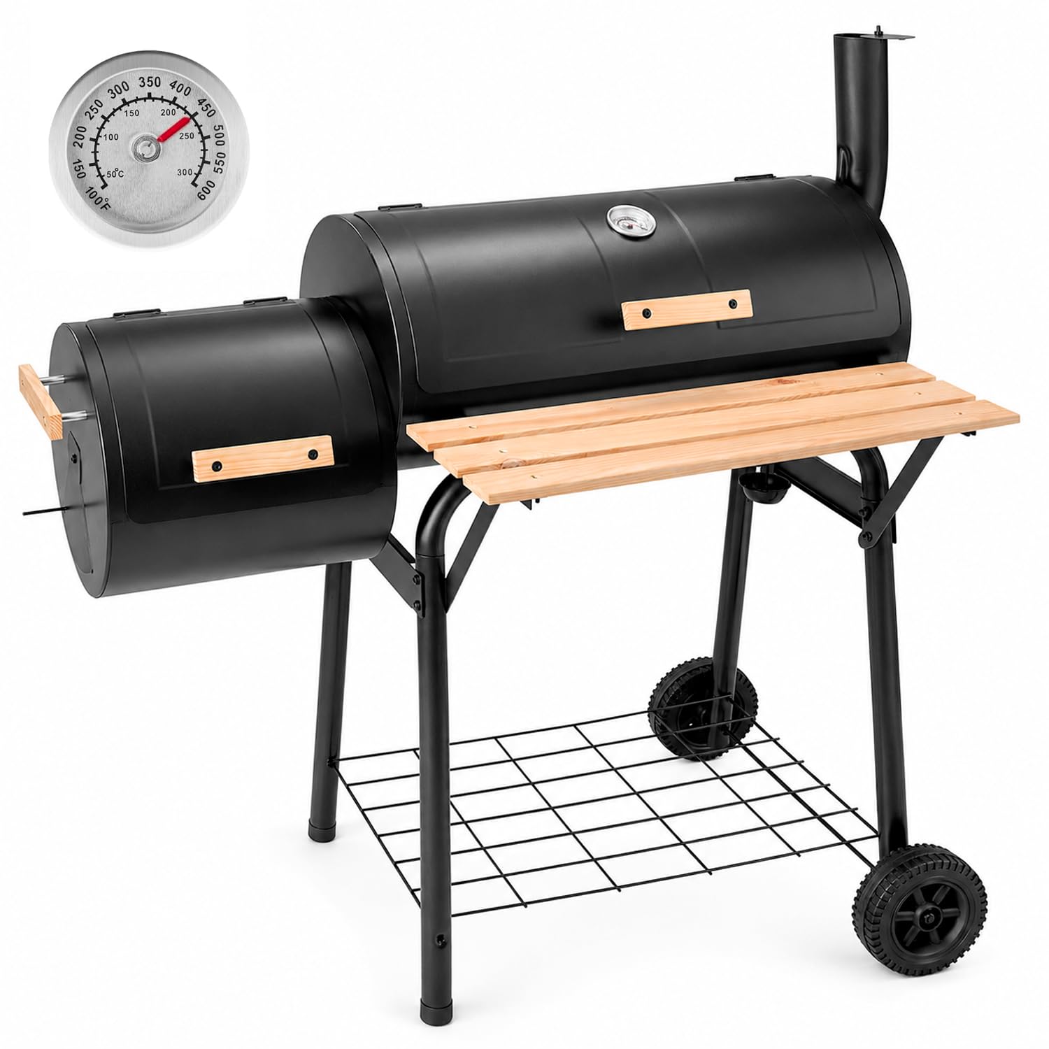 Barbecue A Carbone Con Affumicatore Laterale BBQ Con Termometro Integrato Griglie Cromate Ripiano E Maniglie Griglia In Legno Ruote Per Giardino E Terrazzo 109.5 X 59 X 116 Cm Nero