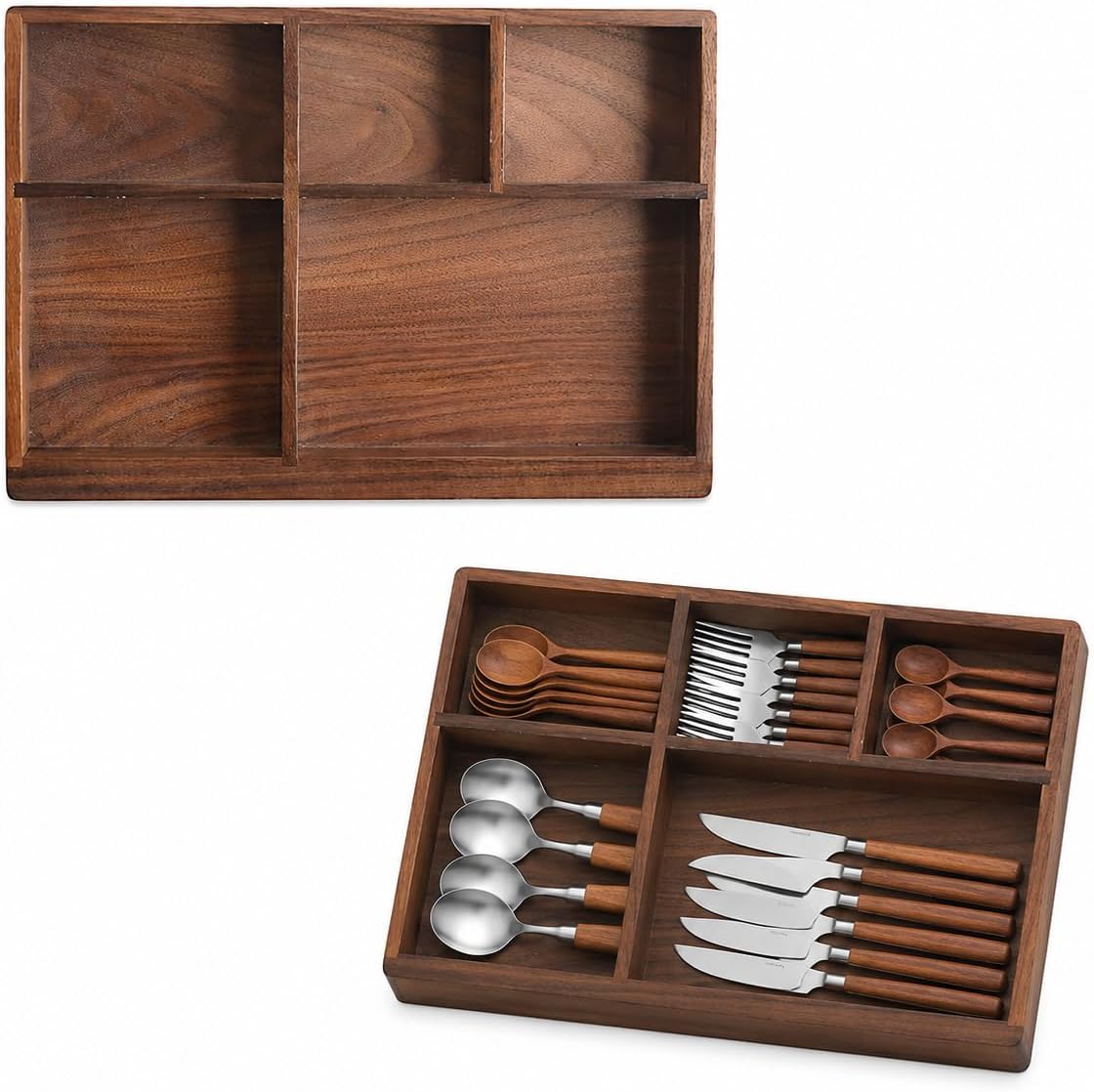 VALICLUD Black Walnut Cutlery Storage Box 24x16.8x2.5cm Solid Wood Tableware Organizer Tray Desktop Drawer Utensil Holder for Kitchen