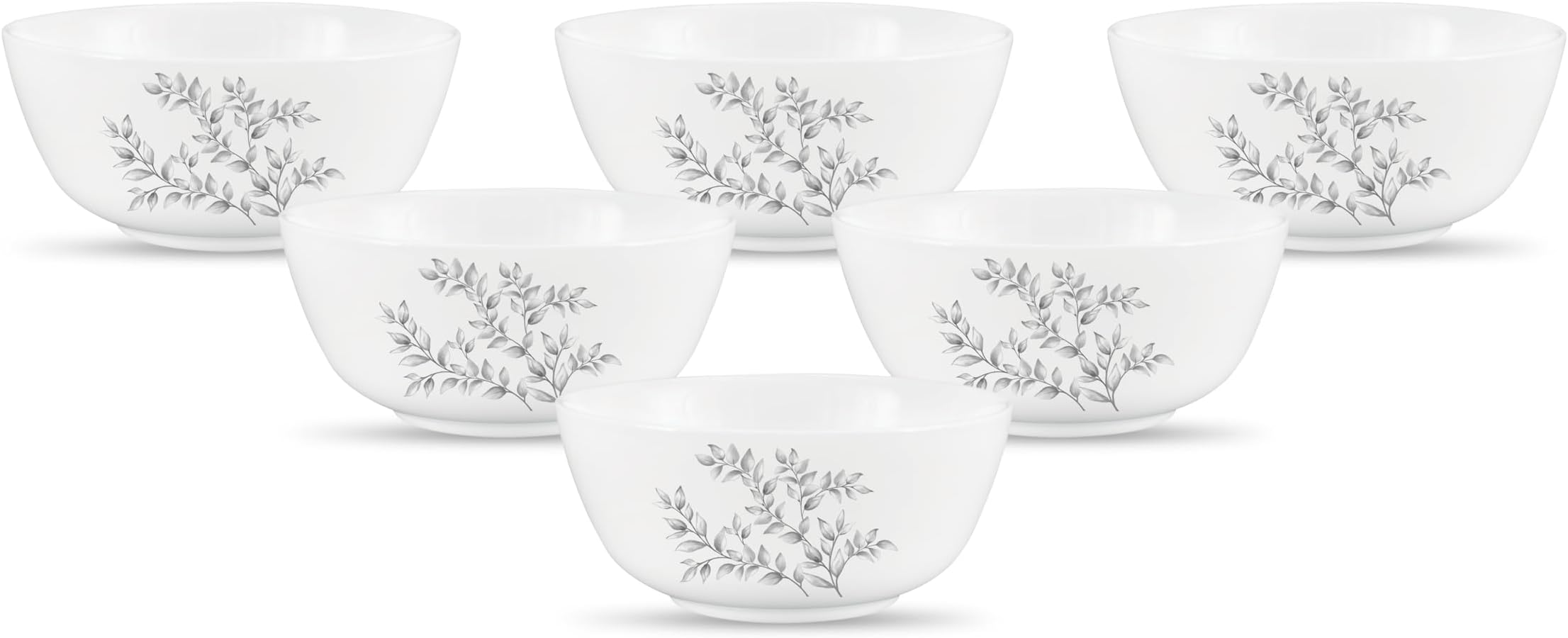 Diva, Pearl Collection Opal Glass Crockery | Vegetable Bowl 220 ml Set of 6 | Dusky Vines Design | for dal & Condiments | Microwave Safe | 100% Vegetarian | Extra Strong | Light & White