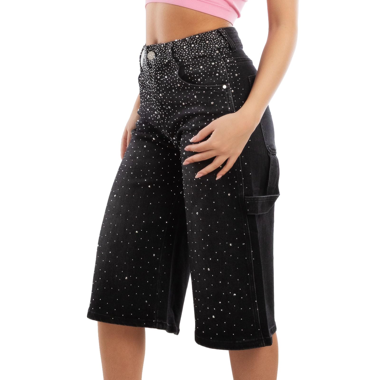 Toocool Bermuda Jeans Donna al Ginocchio Strass Pantaloni Denim Gamba Larga Taglio Carpenter Vita Alta Shorts Streetwear LM762