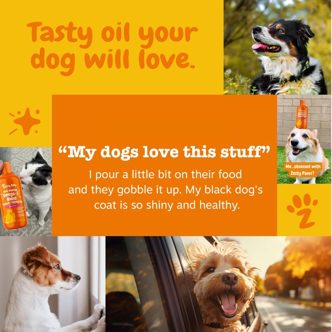 Zesty Paws Wild Alaskan Omega-3 Blend Pollock + Salmon Oil for Dogs and Cats- Skin and Coat Support, Omega 3 Supplement for Pets, 32oz