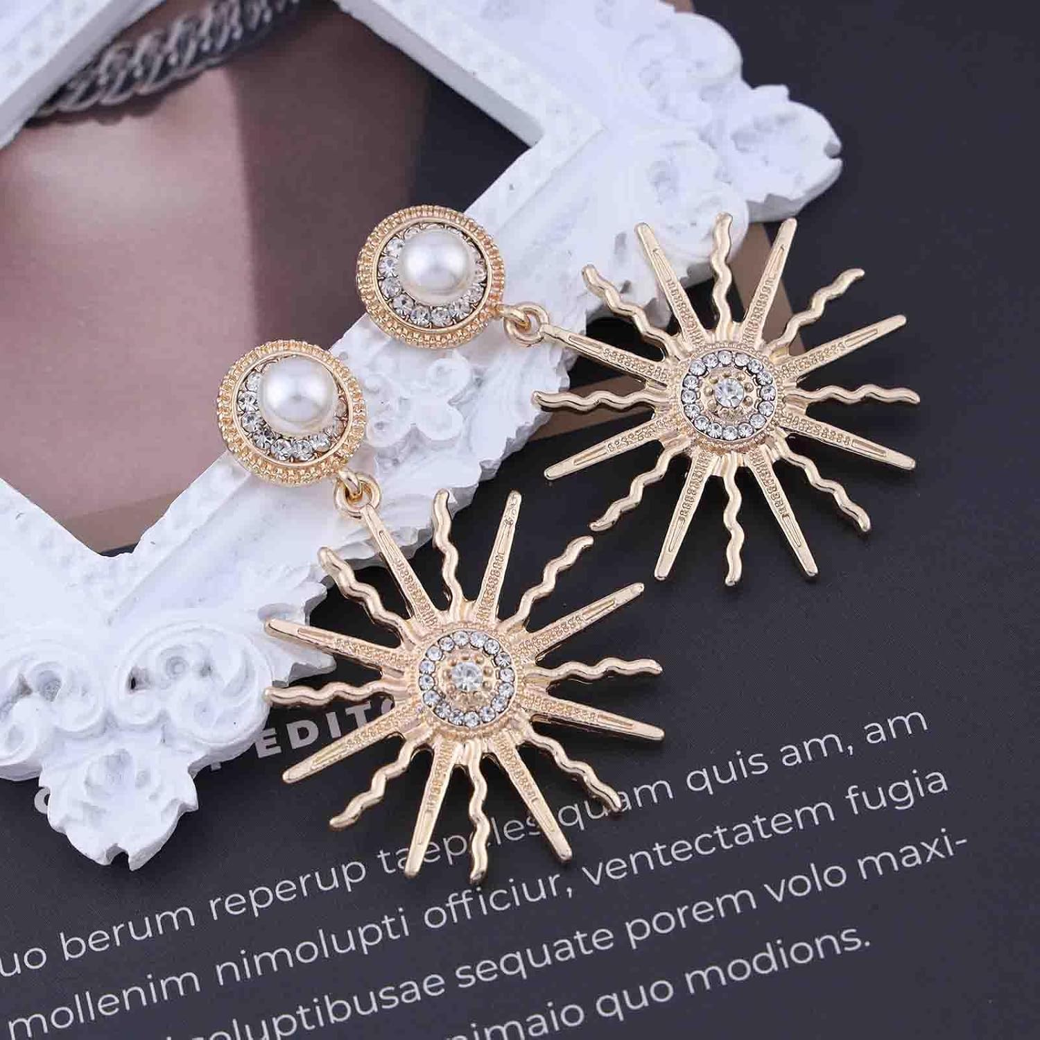 Boho Crystal Sunburst Drop Earrings Gold Cz Sun Earrings Vintage Pearl Stud Earrings Exaggerate Pearl Starburst Earrings Jewelry for Women - Image 3