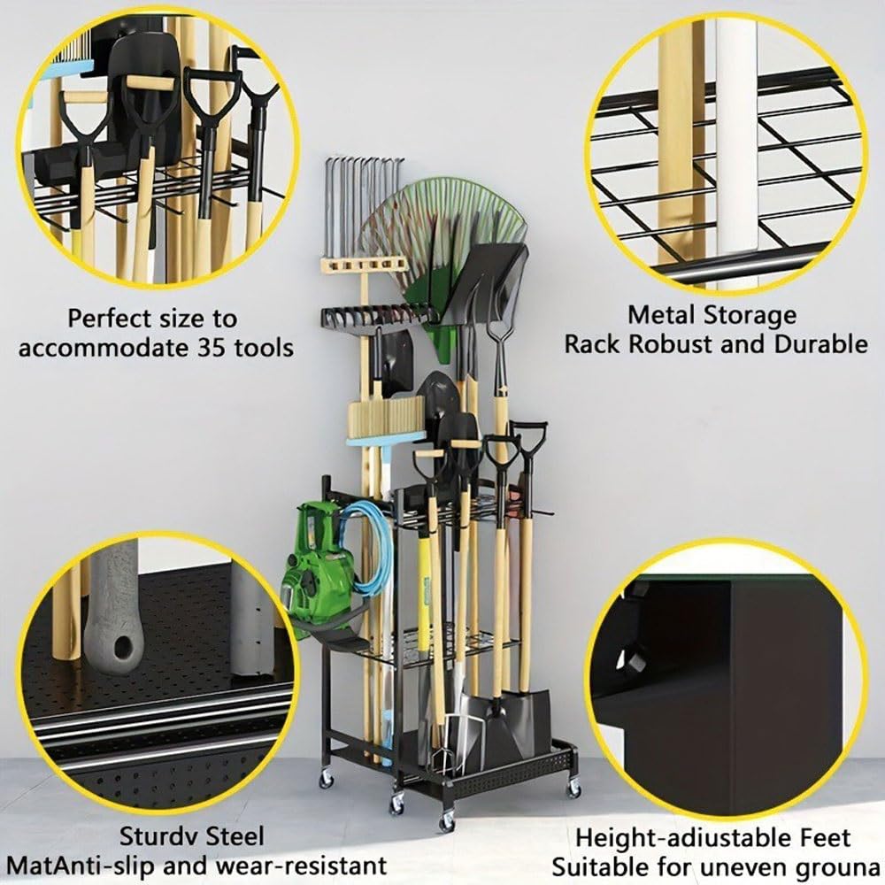 Scaffale per attrezzi resistente, organizer da garage con ruote per attrezzi da giardino, rastrelli, pale e attrezzature con manico lungo