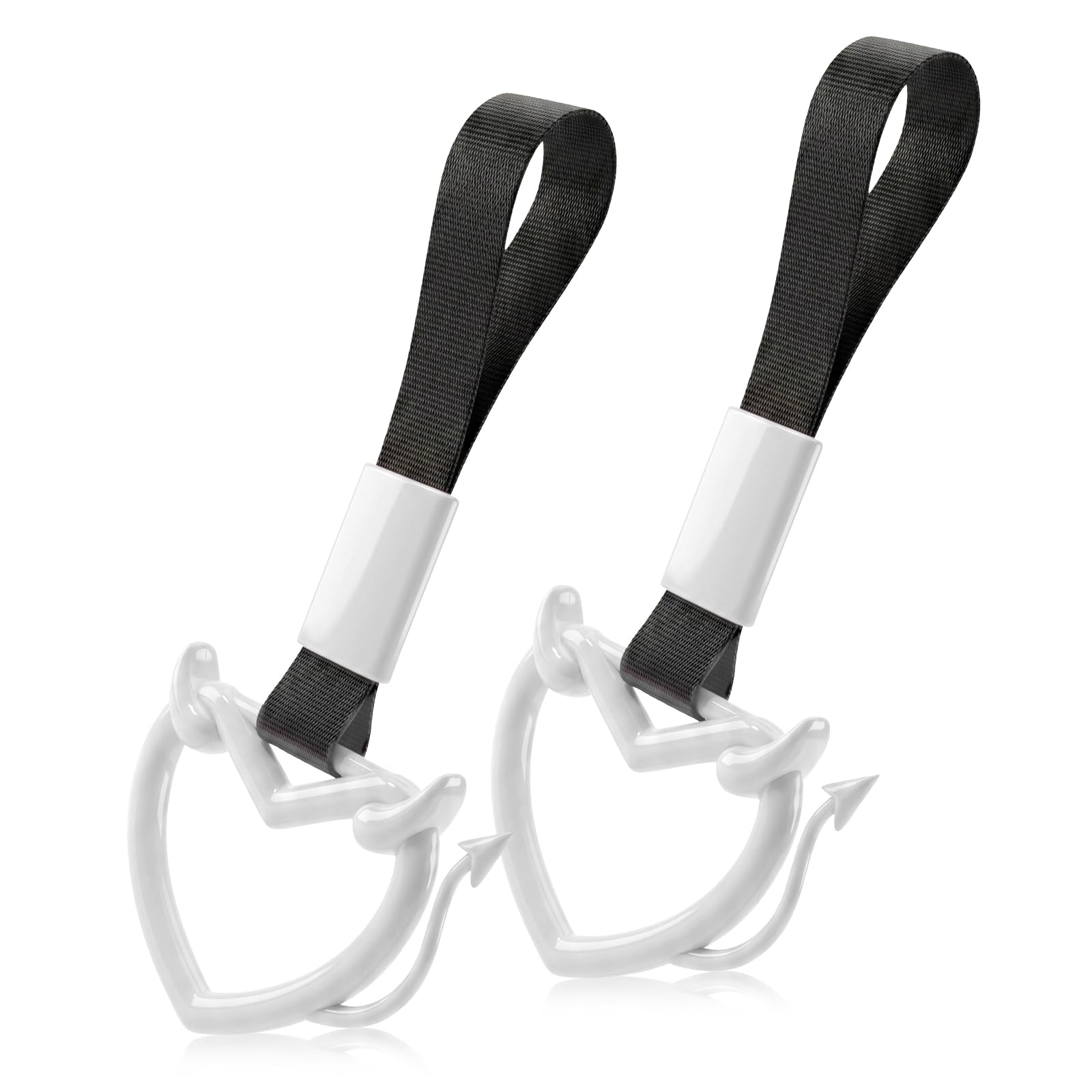 2 Pcs Devil Heart Shaped Car Handle Strap – JD M Drift Charm Rear Bumper Warning Ring Decor for Car Interior Exterior, Subway Bus Handle Accessory, Cute Heart Car Decor Gift (White-Tail)