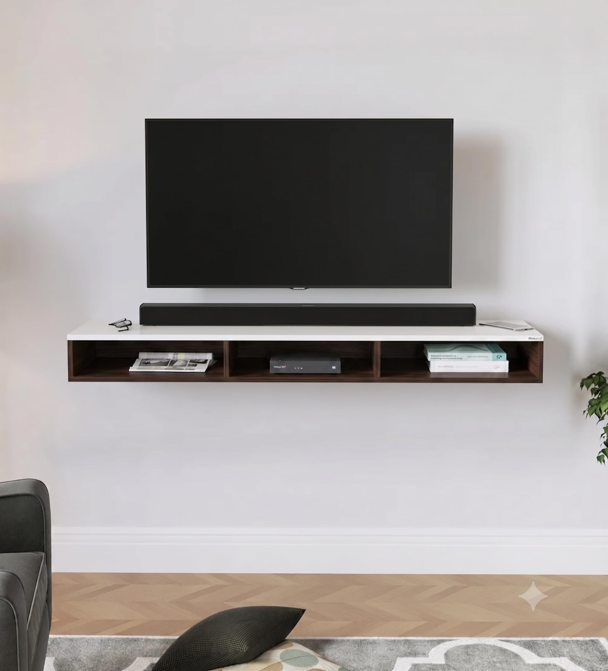 SS.COLLECTION | Floating TV Stand, Wall Mounted Media Console with Open Storage Shelves | Hanging Tv Unit Shelf for Living Room| (Brown & White)-image-47