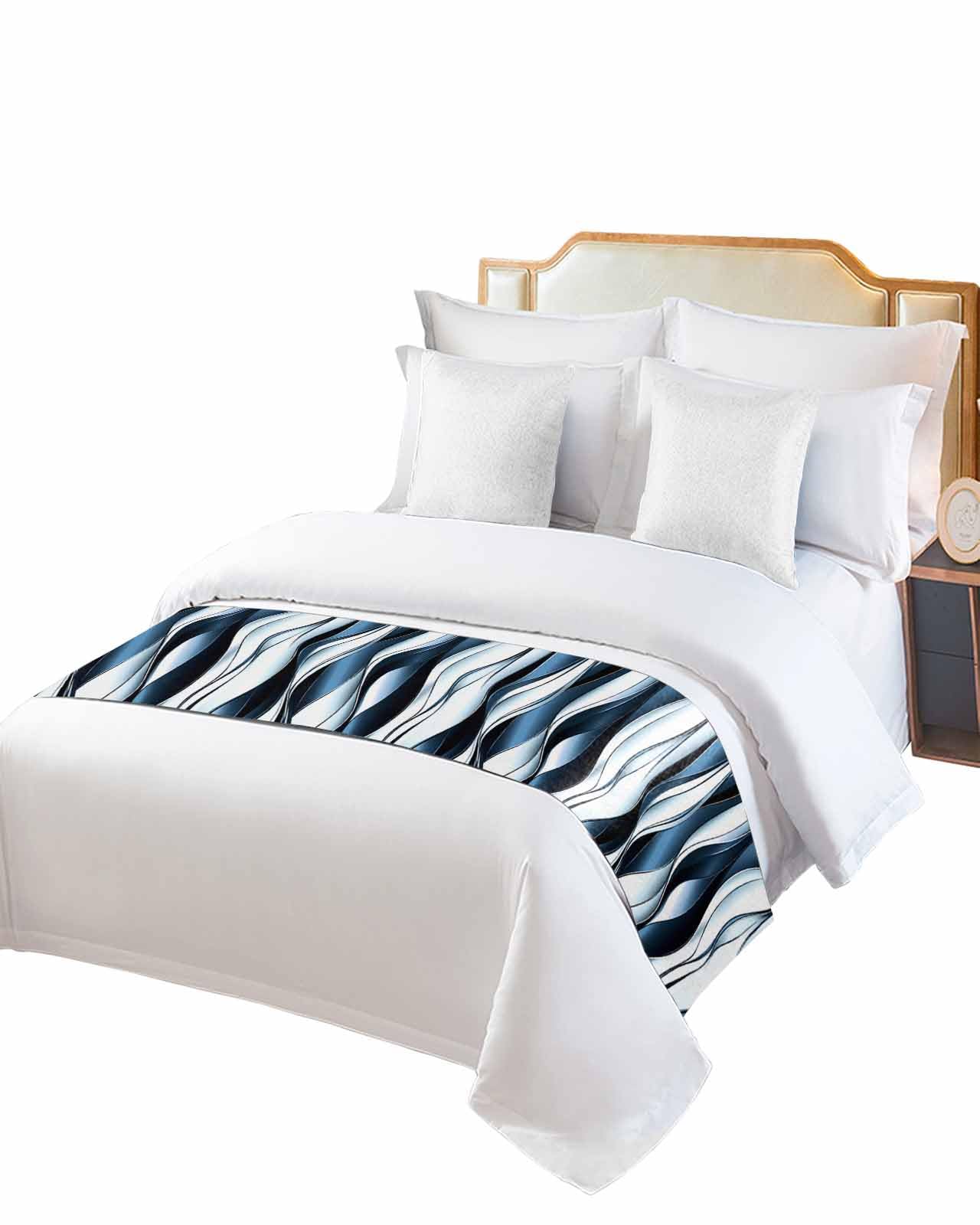 King Bed Runner Navy Blue Gradient Stripes Bedding Runner Scarves Decorative Bed Scarf, Twist Abstract Line Soft Bed Runners for Bedroom Hotel Wedding 102x20in