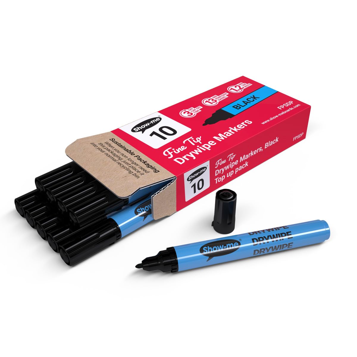 Show-me Drywipe Marker Fine Tip Black [Pack of 10]