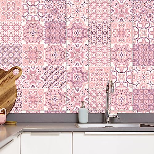 20pcs Pink Moroccan Tile Stickers, Kitchen Bathroom Wall Tile Stickers Peel and Stick on Tile Transfers Covers Decals Self Adhesive Vinyl Waterproof Vintage Victorian Mosaic (15cm x 15cm, 6x6 inches)