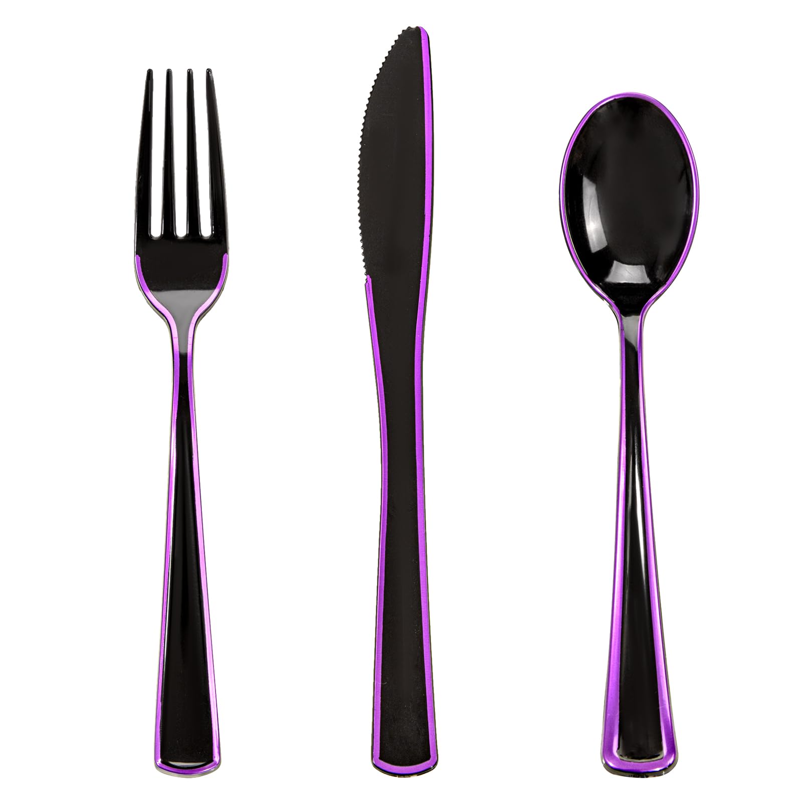 WDF 180 Pieces Black and Purple Halloween Plastic Silverware - Newly Designed Black Flatware 60 Forks, 60 Knives and 60 Spoons Heavy Duty Black Plastic Cutlery Purple Utensils for Party/Halloween