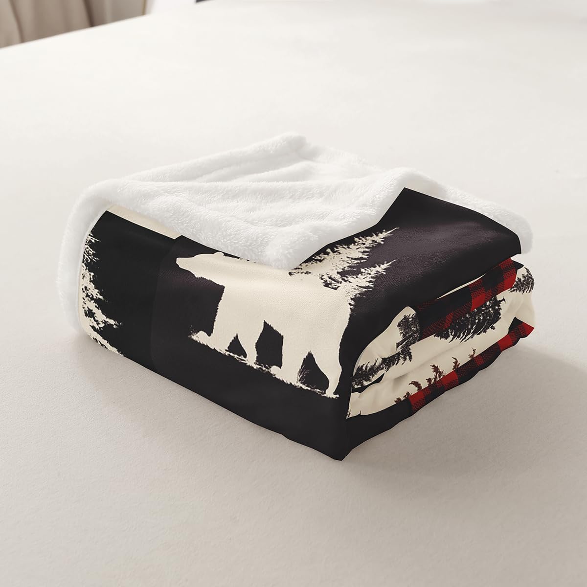Retro Cabin Throw Blanket For Boys, Checkered Plaid Patchwork Fleece Blanket, Woodland Wildlife Deer Bear Trees Fuzzy Blanket Country Farmhouse Moose Sherpa Flannel Blanket, Red Black, Queen Size