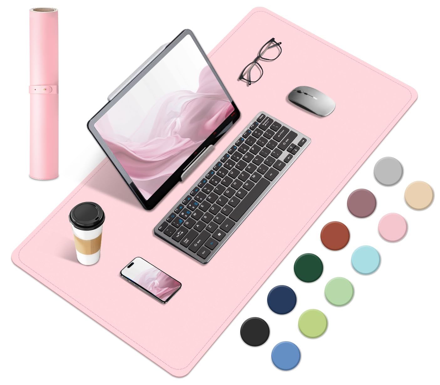 BLESWIN Dual-Sided Desk Pad, Natural Cork & PU Leather Mouse Pad for Office and Home Work, Desk Mat Protector Non-Slip, (Pink, 23.6" x 13.7")