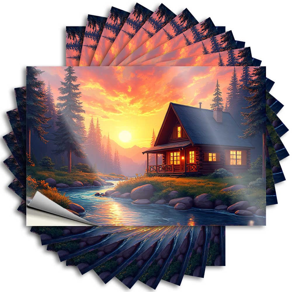 Boys Bedroom Decor Christmas Decal - Cozy Cabin By The River At Sunset Window Waterproof Vinyl Sticker(8X12CM)