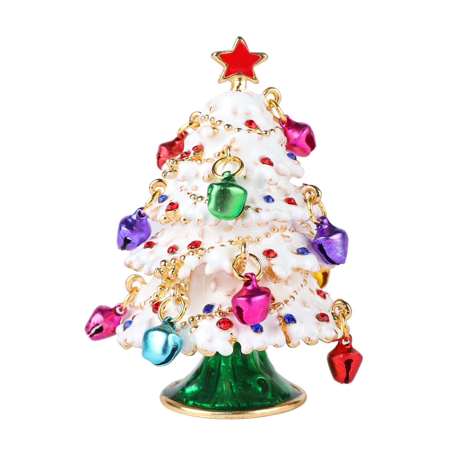 Christmas Tree Trinket Boxes Hinged with Colorful Bell Hand-Painted Ornaments Unique Xmas Gift for Home Decor (White)