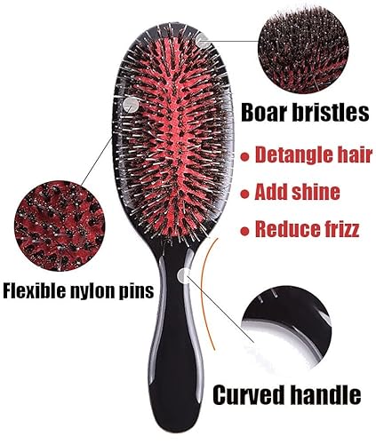 Miniatura 2 de Cepillo de cerdas de jabalí, cepillo desenredante para cabello rizado, fino, ondulado, natural, enredado, cepillo antiencrespamiento para mujeres y