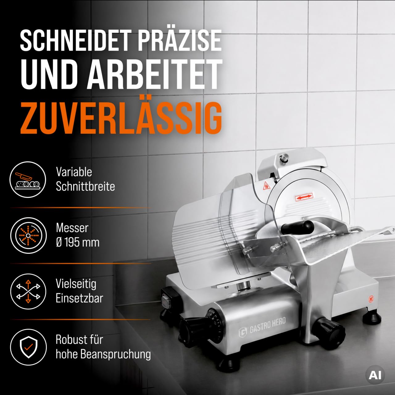 GastroHero Aufschnittmaschine 195 mm, einstellbar, Aluminium ASM195
