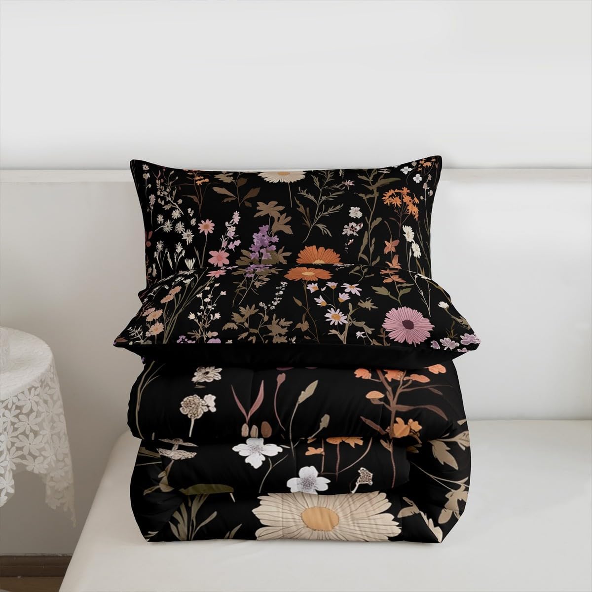 Erosebridal Pink and Black Wildflower Twin Bedding Sets Floral and Plants Comforter Set Wild Flowers Quilt Duvet Set Vintage Botanical Floral Bedding Collections
