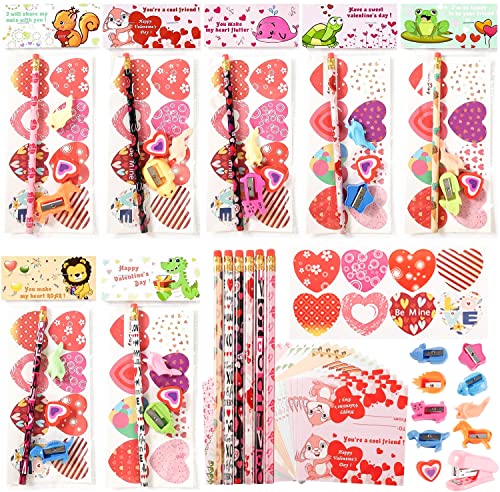 Valentines Day Gifts for Kids Classroom - 28 Packs Super Value Valentines Stationery Kit, Valentines Cards, Valentines Pencils, Erasers, Pen Sharpeners,Pen Holders,Valentine Exchange Party Favors Toys