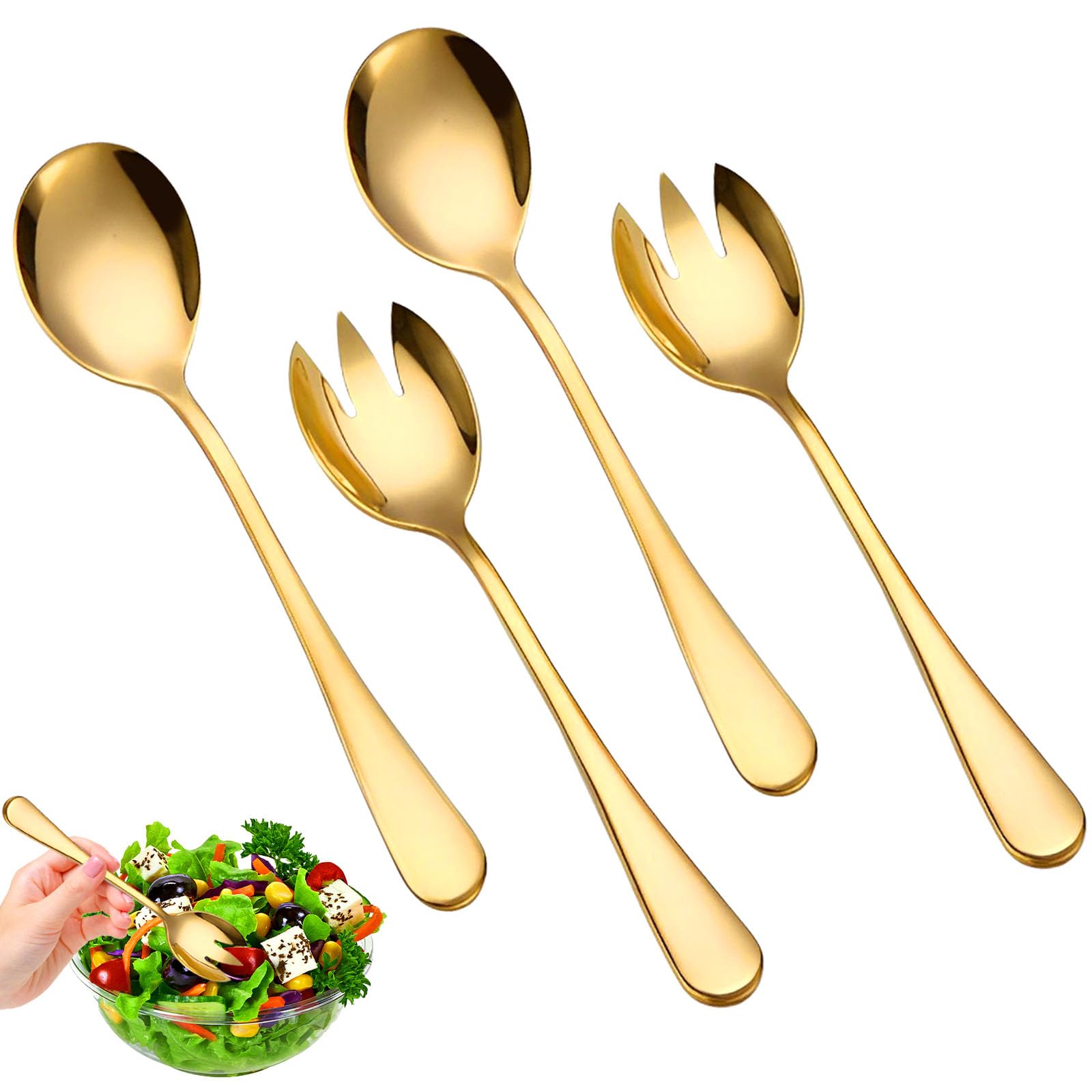 Set Posate Per Insalata 3 Pezzi In Acciaio Inox Dorato - Cucchiaio, Forchetta E Scolapasta - Per Casa, Hotel, Feste