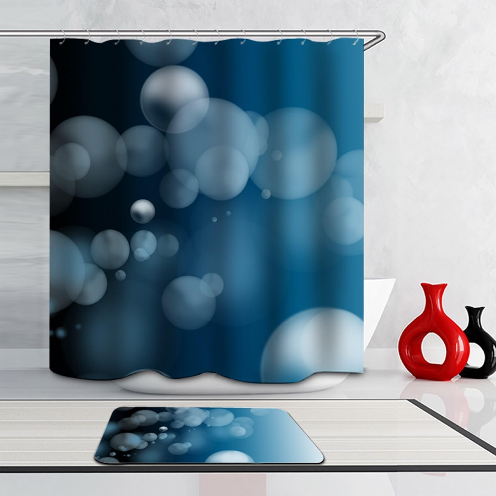 Cortina de ducha de 180 x 200 cm, textil azul oscuro, patrón de puntos de luz, resistente al agua, antimoho, cortina de baño, poliéster, lavable, cortina de baño, 1,8 x 2 m de largo (ancho x