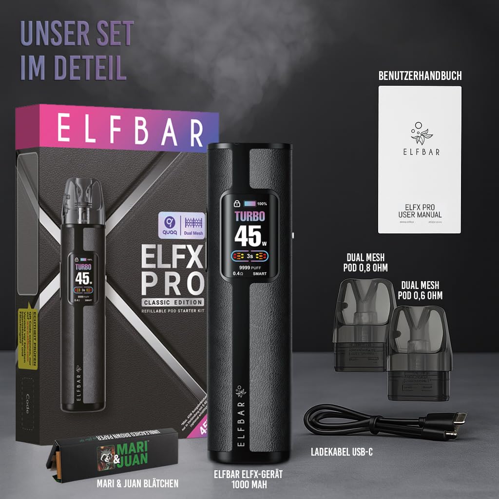 elfbar elfa master akku Elfx Pro Kit mit Display 1200mAh Akku und Airflow Control inklusive Pods  0,6 Ohm und 0,8 Ohm USB C Kabel und Testpackung Longpapers von M&J:  Amazon.de: Elektronik & Foto