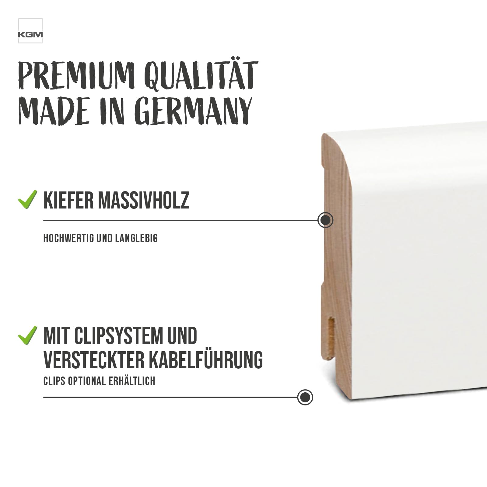 KGM Massivholz Sockelleiste Oben Rund - Weiß - 2400 x 18 x 58 mm - 10 Stk.