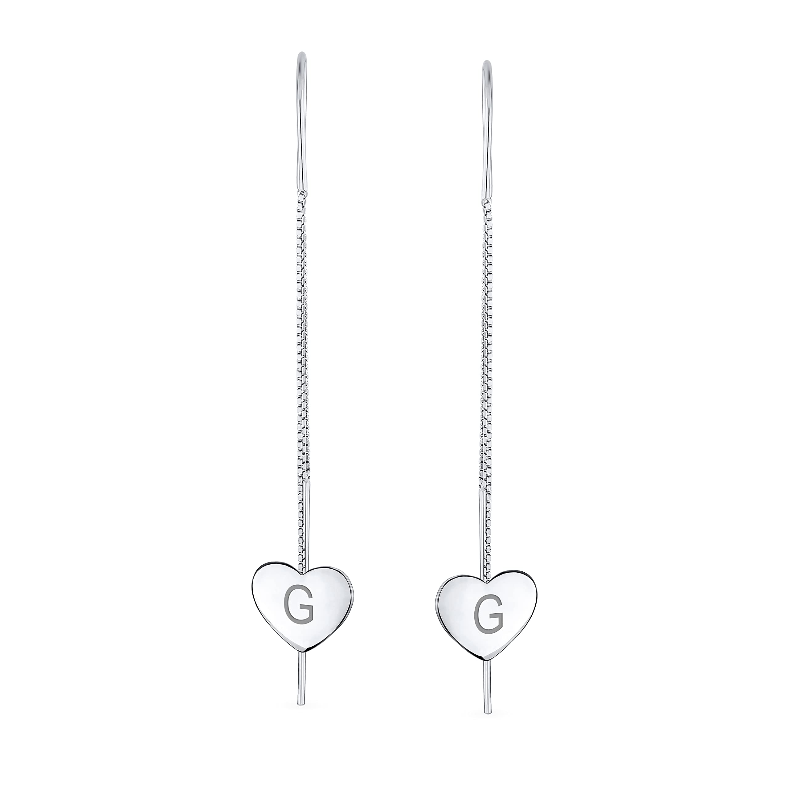 Pendientespersonalizados Con La Inicial De La Letra Del Alfabeto G, Sencillos, Ligeros, Largos Y Planos, Enhebrados Con Cadena De Corazónes, De Plata De Ley .925, Con Gancho En Ur, Grabados A Medida