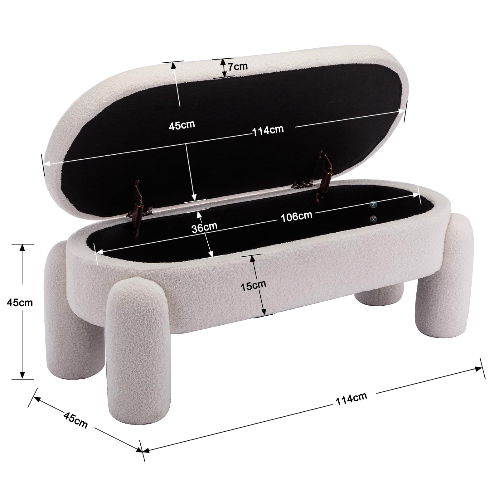 Ya-Home Cassapanca Pouf Panca Contenitore Panca Fondo Letto Cassapanca Contenitore in Pelliccia Sintetica per Camera da Letto/Soggiorno, Bianco,114cm