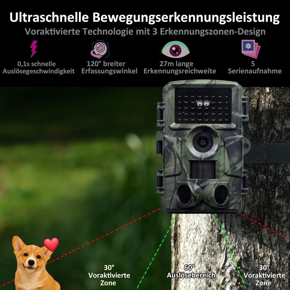 Wildkamera, 60 MP 4K Video Wildkamera mit 2.0" LCD-Bildschirm, mit Bewegungsmelder Nachtsicht bis 120°, 100° Erfassungswinkel, IP66