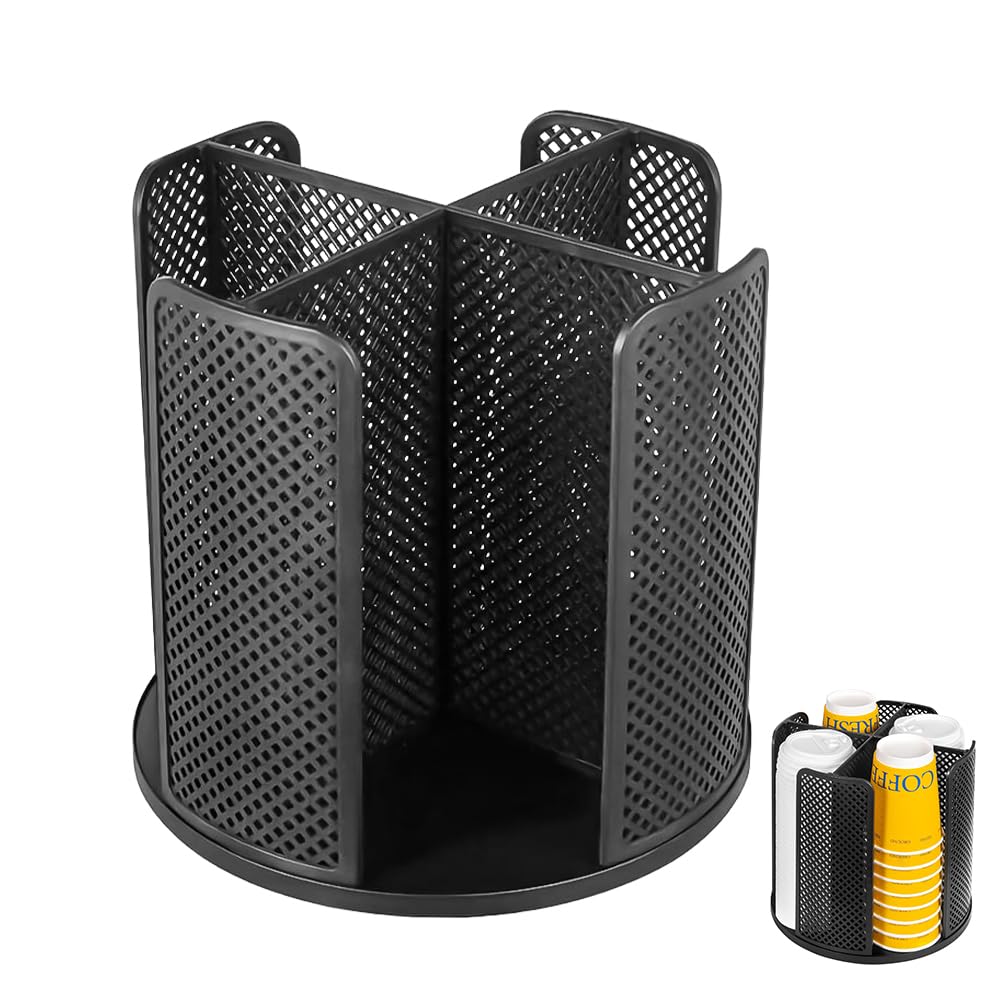 Avlnuwn Rotating Coffee Cup Holder with 4 Compartments, Removable Cup Dispenser for Paper Cups & Lids, Space-Saving Countertop Cup Holder for Home, Office or Coffee Bars (Black)