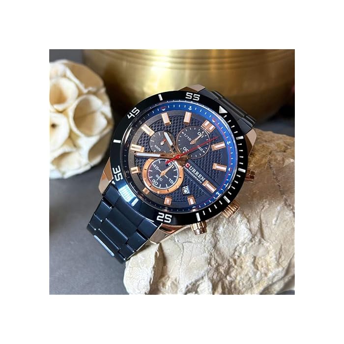 CURREN 8417. Reloj de Cuarzo para Hombre con Correa de Acero Inoxidable Azul y Esfera Azul con Detalles en Rojo, Blanco y Oro Rosa. Tiene función de Calendario y cronómetro. - Imagen 9