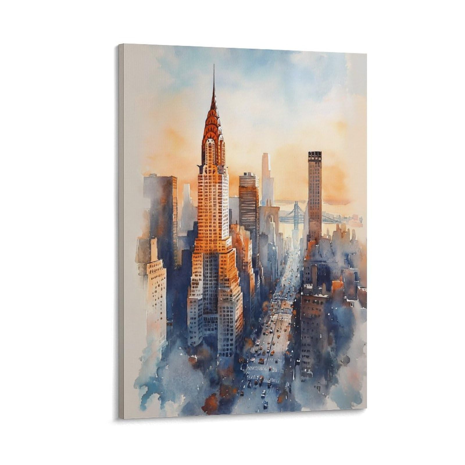 XWYMXZ New York Skyline 20x30inch(50x75cm) Vintage Travel Poster Watercolor Canvas Art
