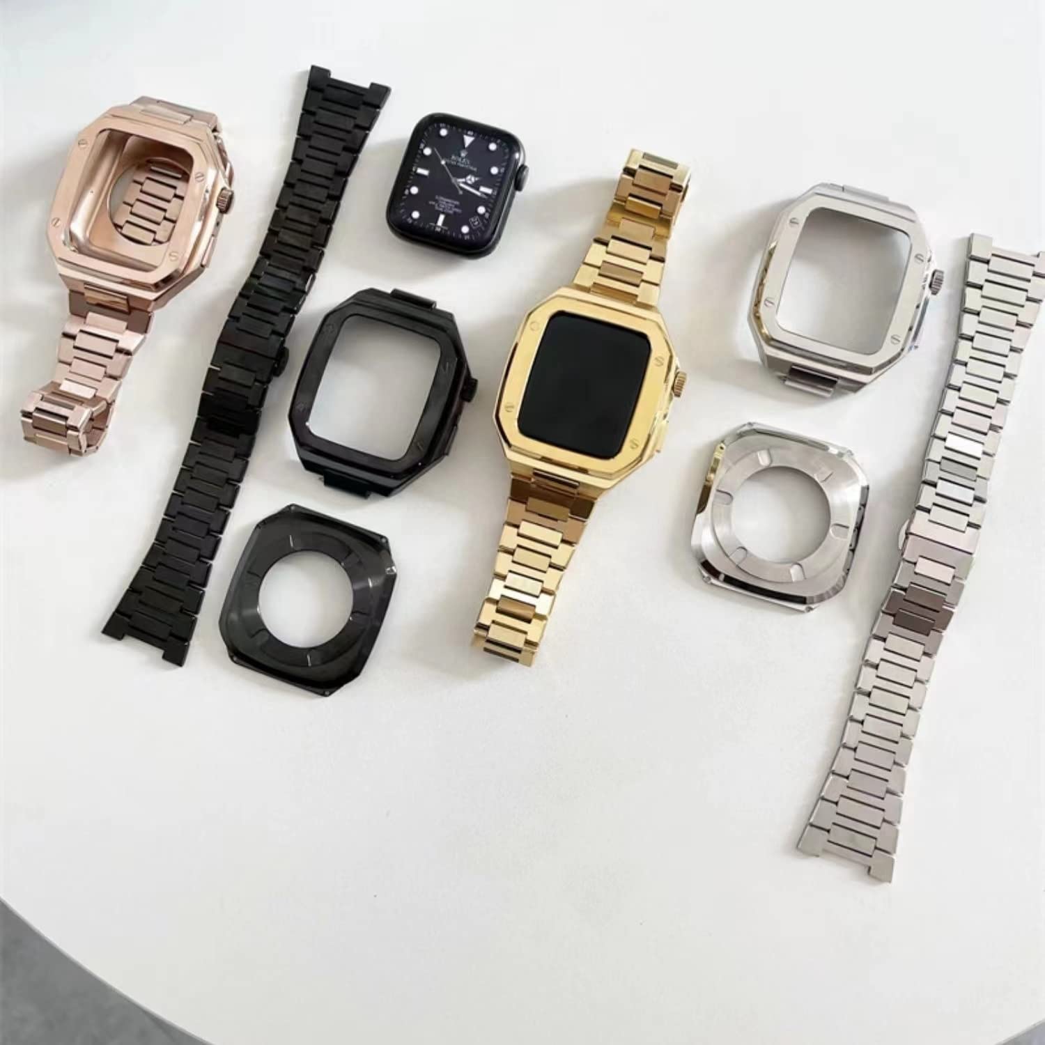 INFRI Metalowy pasek + etui zestaw akcesoriów do zegarka Apple Watch 8 7 45 mm ze stali nierdzewnej modny zegarek opaska na nadgarstek do iWatch 6 5 4 SE 44 mm