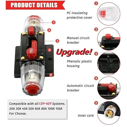 Miniatura 4 de Soportes de fusibles de 150 A disyuntor en línea para audio de automóvil y protección de sobrecarga de amplificadores, inversor de fusibles de