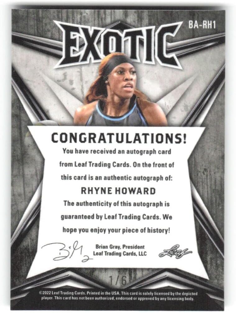 2021-22 Leaf Exotic Autograph #BA-RH1 Rhyne Howard RC Rookie AUTO 1/6 Atlanta Dream Basketball Trading Card