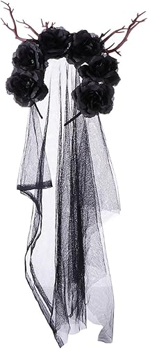 Lurrose Diademas de flores de velo de Halloween con cuernos de alce, guirnalda de flores góticas, accesorio decorativo para tocado para fiestas,