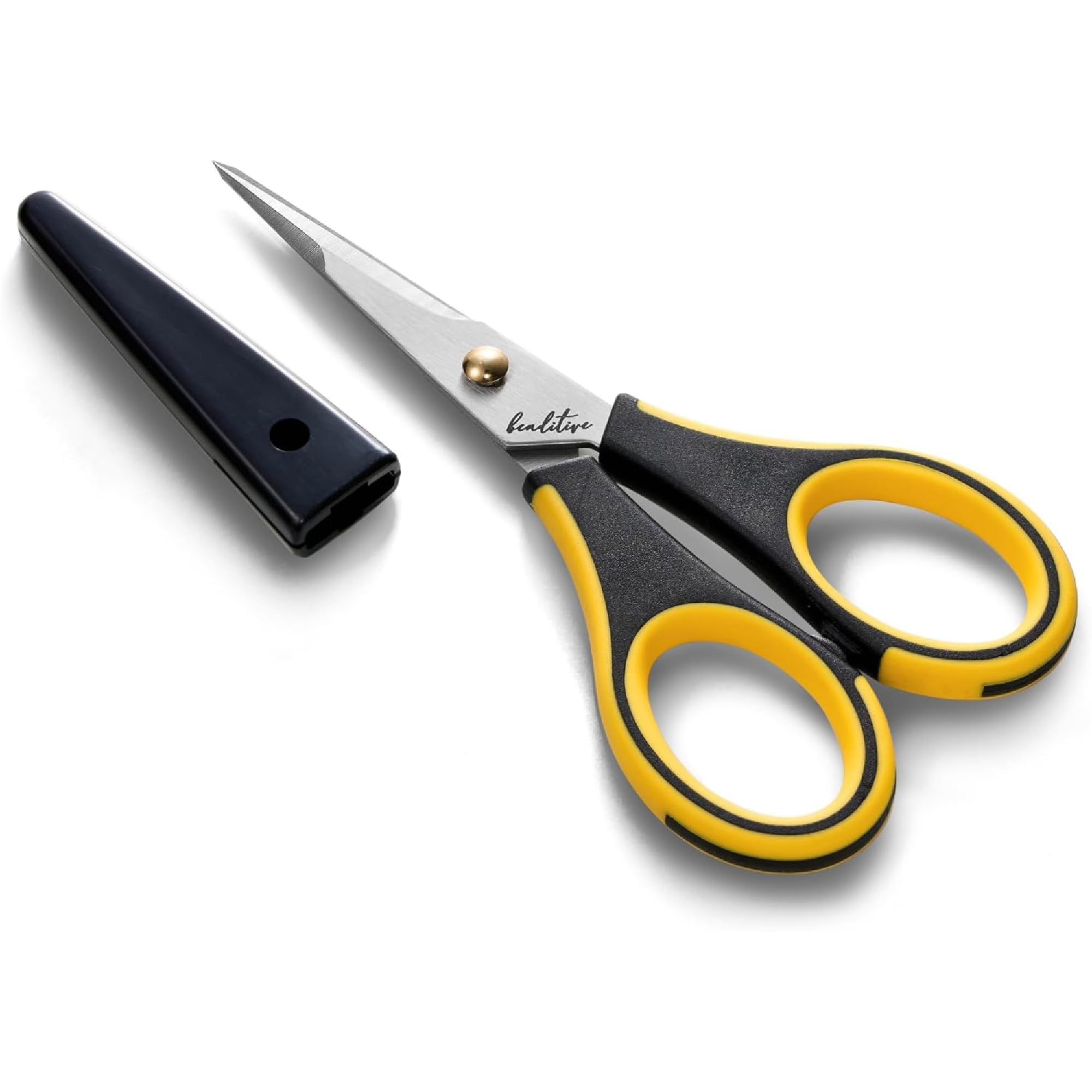 Beaditive Precision Craft Scissors - Stainless Steel Paper Crafting with Safety Cap Ultra Sharp Blades & Non-Slip TPR Handles Adult Kid Scrapbooking for Home, Office, School, Yellow