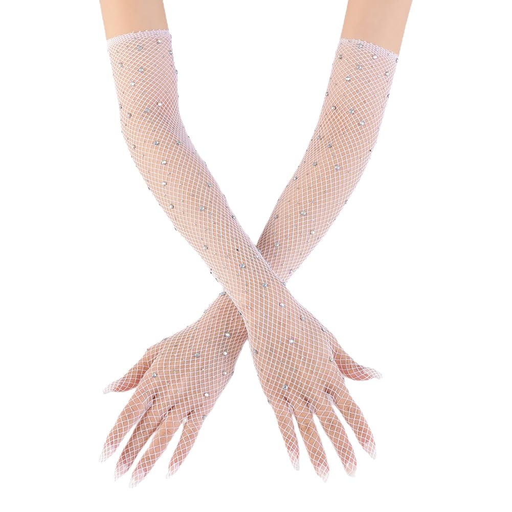 Hugede Women's White Rhinestones Long Fishnet Gloves Sparkly Mesh Opera Gloves Glitter Elbow Length Gloves Halloween Party Cosplay Gloves For Girls