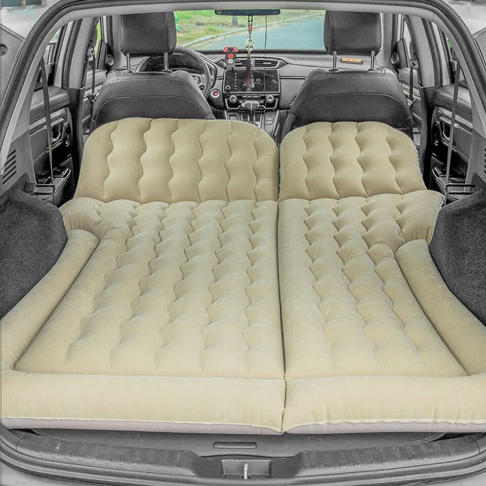 Colchón de coche plegable para coche, colchón de aire portátil, para camping, inflado y desinflado rápido, cama de PVC de doble cara con bomba de aire para camping, viajes al aire libre (beige)