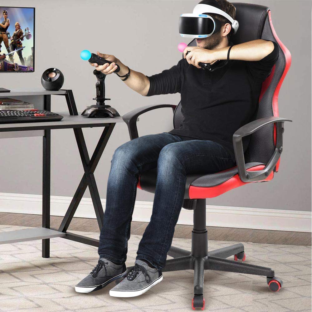 BAKAJI Sedia Poltrona Gaming Scrivana Ufficio Casa in Ecopelle Schienale Reclinabile Rotazione 360 Gradi Direzionale Altezza Regolabile Base 5 Ruote (Rosso)