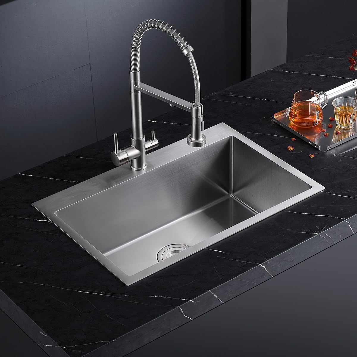 25x18 inch Drop-in Kitchen Sink Single Bowl with 2 Holes, 18 Gauge Stainless Steel Handmade Residential Topmount Kitchen Sink 9 inch Deep Basin Bowl (Brushed Nickel)