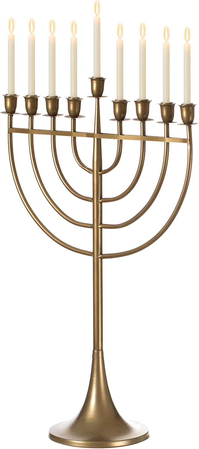 Candelabro moderno de metal macizo Judaica Hanukkah Menorah de 9 ramas, dorado mediano