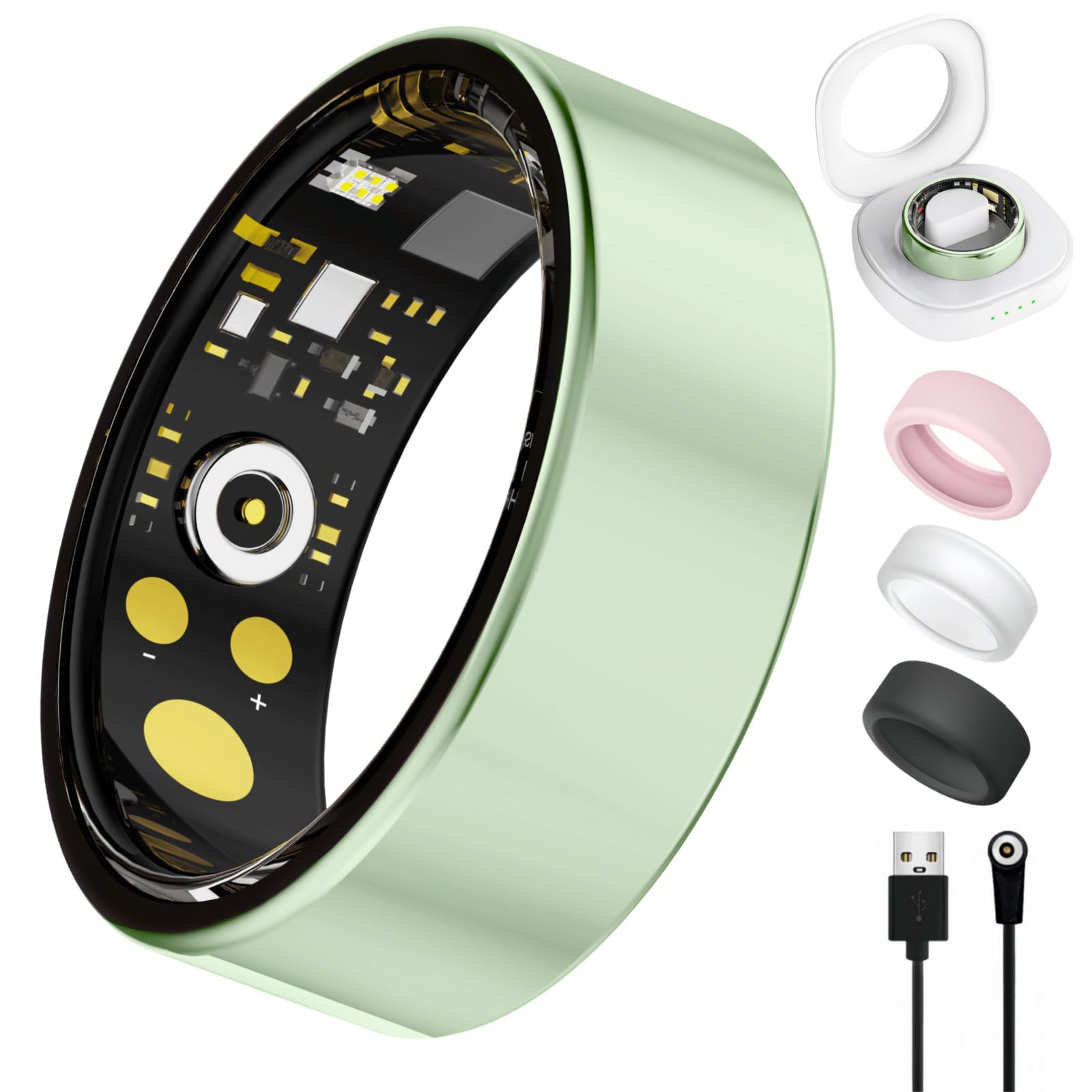 Smart Ring for Women Men, Health Tracker with Heart Rate/Blood Oxygen/Blood Pressure/Sleep Monitoring/Step Counting, IP68 Waterproof Fitness Ring, No App Fees for iPhone &amp; Android (Green, 7#)