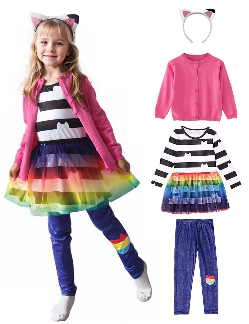 Moonlight Bob 4Pcs Cat Dollhouse Costume with Pants Coat Headband for Girls, Rainbow Tutu Dress for Girls Birthday Outfit Set