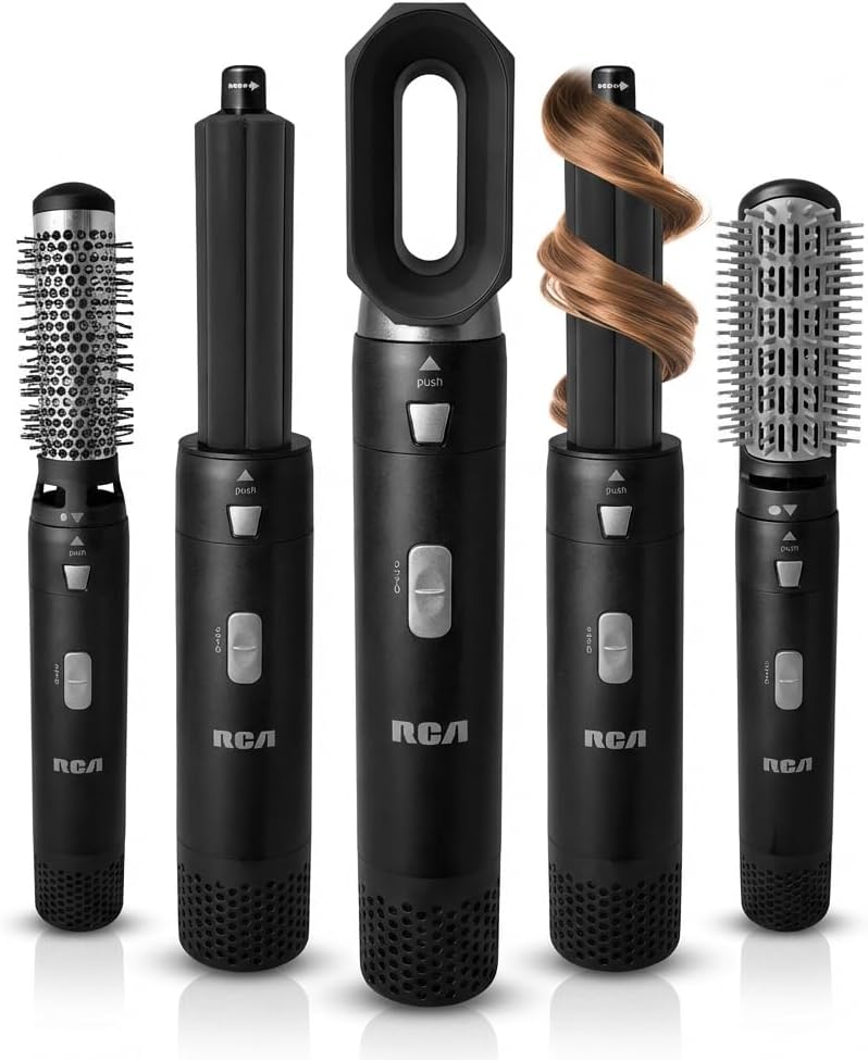RCA Hot Air Styler, 5 in 1 Hair Dryer Brush Blow Dryer Brush with Auto Wrap Curlers, Volumizing Brush, Round Brush, Dryer Head, 1000W Multi Hair Styler for Blowouts, Curling, Smoothing & Drying