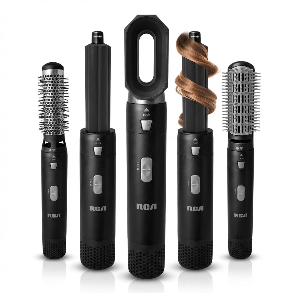 RCA 5 in 1 Hot Air Styler Airwrap - Comes w/ 5 Heads - Dryer, Volumizing Brush, Left & Right Auto-Wrap Curlers & Round Brush - Airwrap Hair Styling,