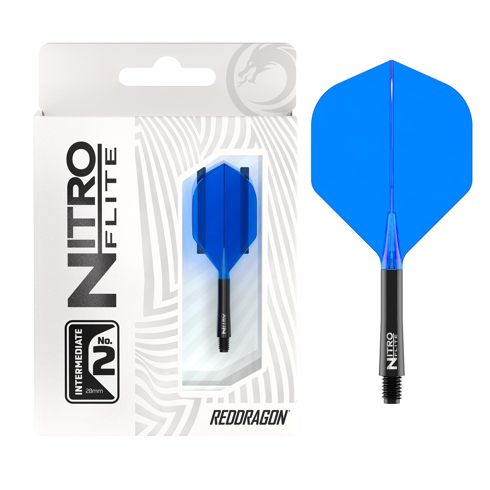 RED DRAGON Darts – Nitro Flite Integrated Flight & Shaft System – No.2 Shape and Design – Black & Blue Colour, Intermediate Length — image 1
