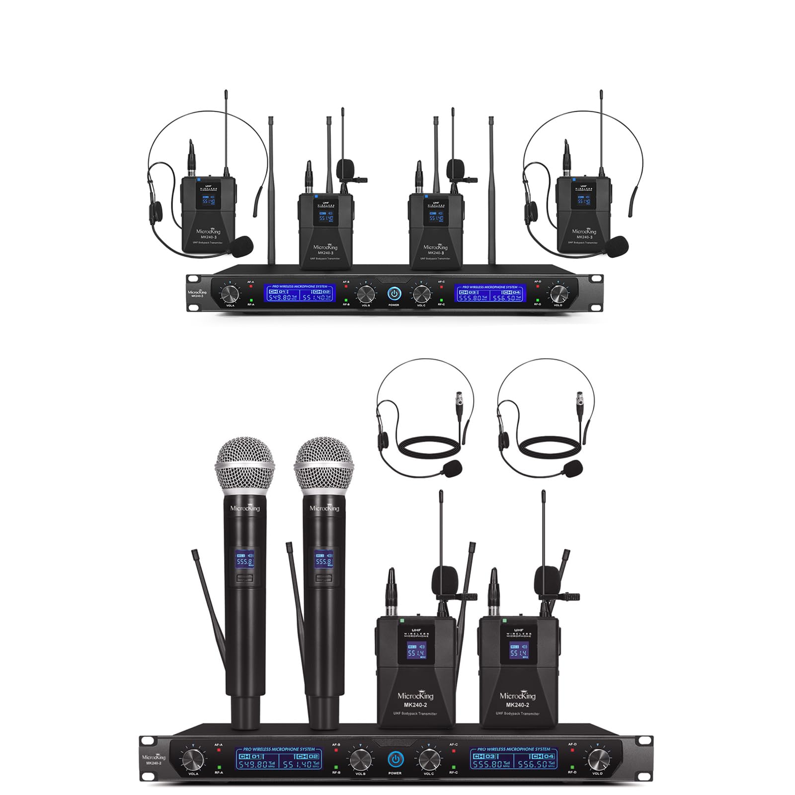 MicrocKingWireless Microphone System, Cordless Lapel/Headset/Lavalier Mic & 4 Handheld Mics, Metal Build, Fixed Frequency, Long Range 400ft, Ideal for Party/Wedding/Church/Conference/Speech