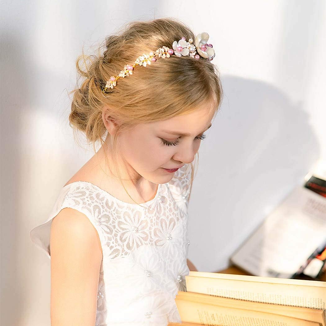 IYOU Flower Girl Headband for Wedding Gold Princess Headpieces First Communion Hair Piece Birthday Costume Tiara Hair Accessories for Girls Party Prom - Image 5