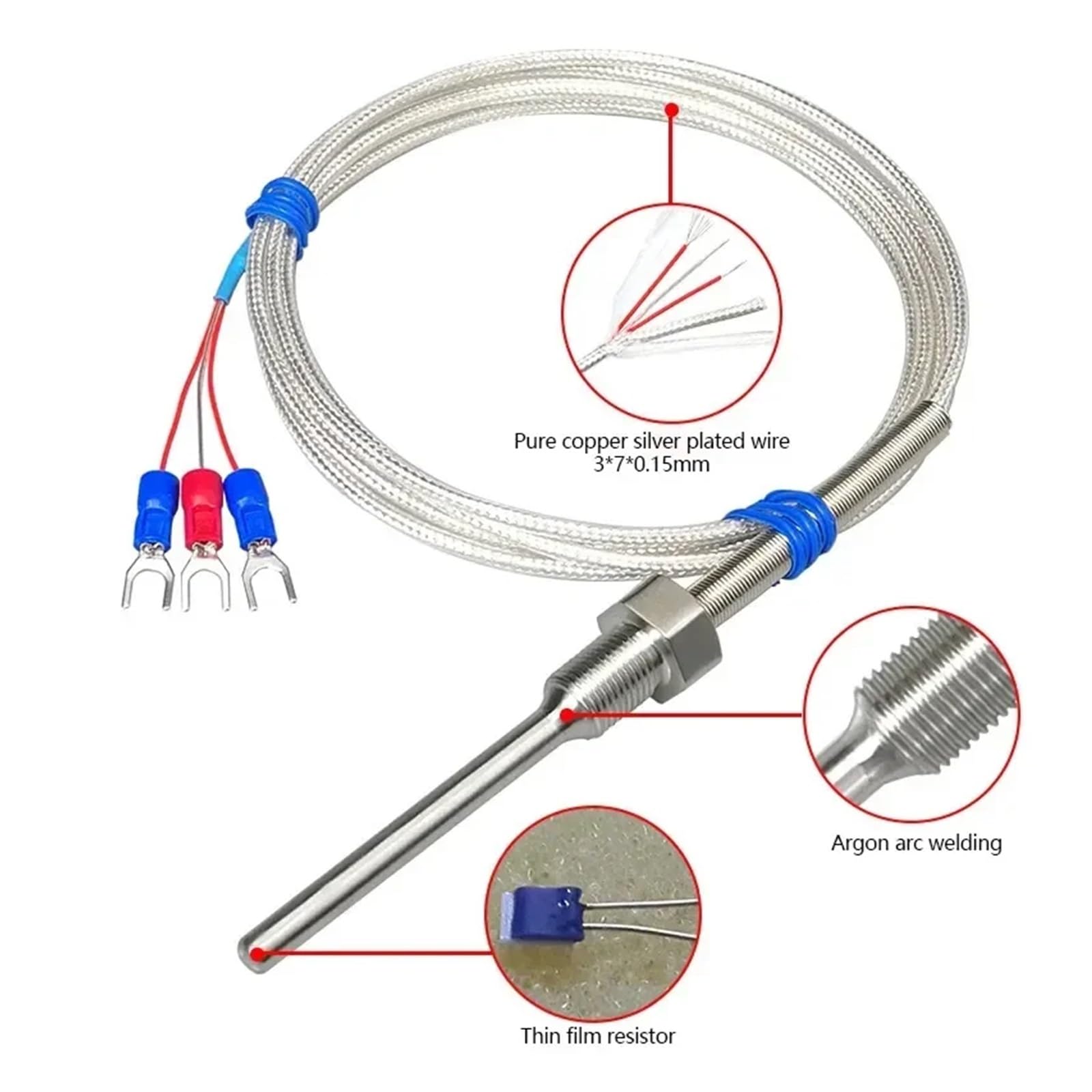 Sensor de temperatura PT100 resistente al agua, sonda RTD, Detector resistencia alta precisión roscado Industrial, línea PTFE(PT1000-PT1-8 -30mm)